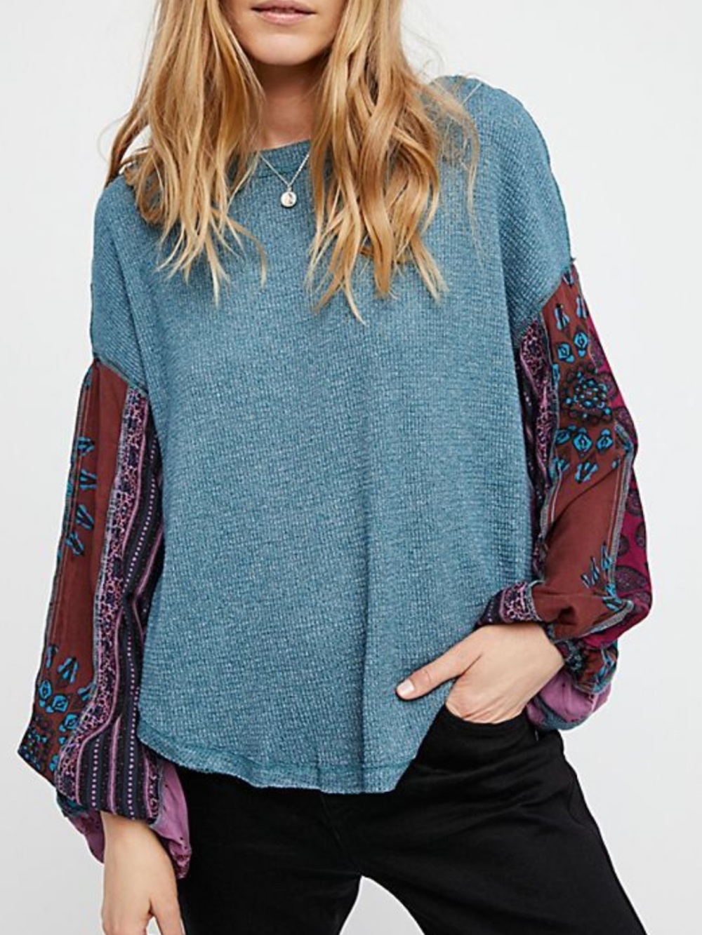 0139. We The Free Teal Knit Top with Patterned Plum Sleeves